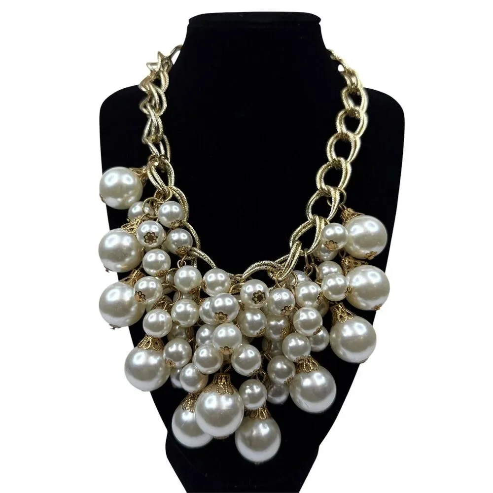 Chunky Gold Tone Chain Faux Pearl Bib Statement Necklace Fashion Jewelry 17
